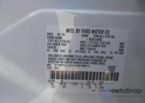 2019 Ford Edge Sel z USA, uszkodzony, nr VIN 2FMPK3J92KBB70011